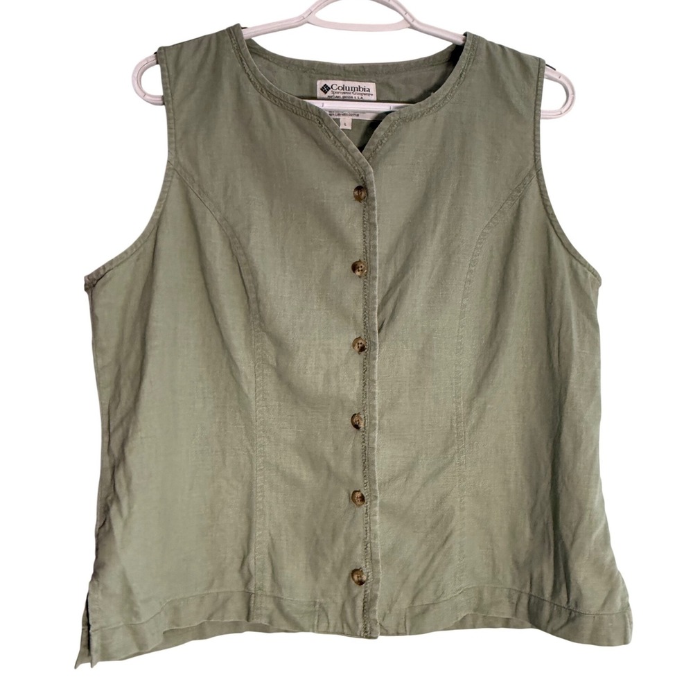 Columbia Sportswear relax Sage Green Linen Cotton Button Up Sleeveless Top Large